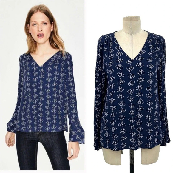 Boden Victoria Blouse Bell‎ Sleeve V Neck Top Navy Blue Print Size US 8 - Picture 1 of 9